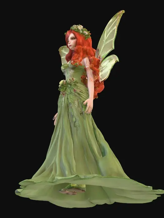 3D model for Female fairy character  Ultra realistic. Cursed. Professional texture. Highly defined details. Large delicate wings , long curled red hair, excellent clear facial features , full length green leafy flowered gown, flower crown