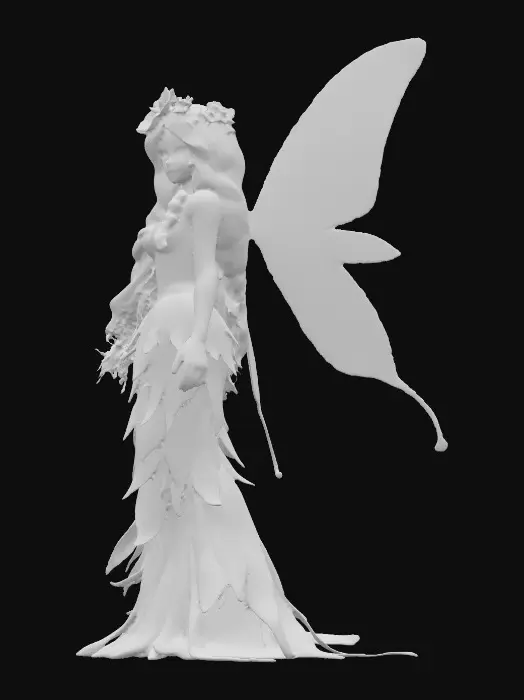 3D model for Female fairy character  Ultra realistic. Cursed. Professional texture. Highly defined details. Large delicate wings , long curled red hair, excellent clear facial features , full length green leafy flowered gown, flower crown
