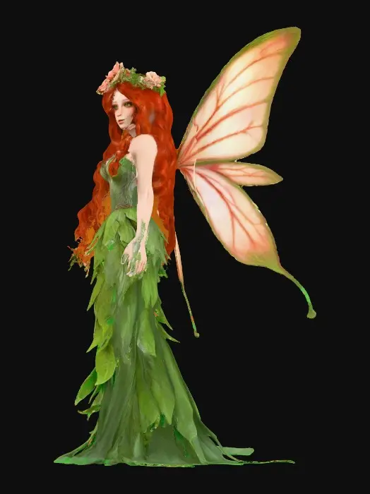 3D model for Female fairy character  Ultra realistic. Cursed. Professional texture. Highly defined details. Large delicate wings , long curled red hair, excellent clear facial features , full length green leafy flowered gown, flower crown