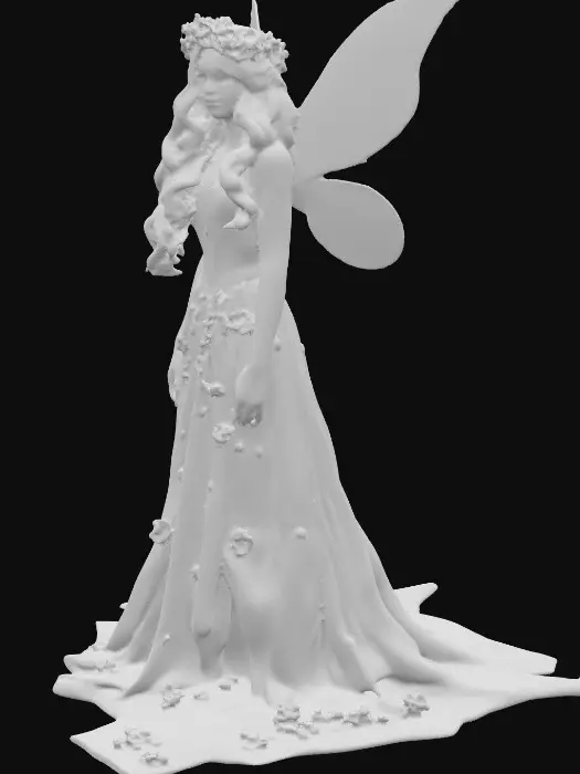 3D model for Female fairy character  Ultra realistic. Cursed. Professional texture. Highly defined details. Large delicate wings , long curled red hair, excellent clear facial features , full length green leafy flowered gown, flower crown