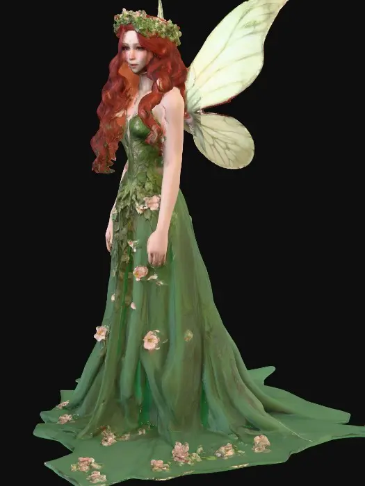 3D model for Female fairy character  Ultra realistic. Cursed. Professional texture. Highly defined details. Large delicate wings , long curled red hair, excellent clear facial features , full length green leafy flowered gown, flower crown
