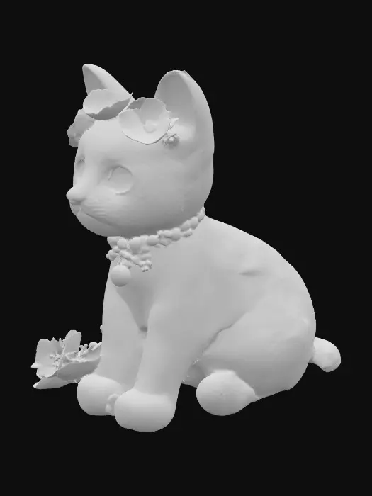 3D model for Create a stylized kitten with large, expressive eyes, surrounded by florals . The kitten is white with hints of lime green and mauve, adorned with flowers and jewels on its head and chest. Background is pure white 
