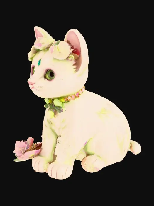 3D model for Create a stylized kitten with large, expressive eyes, surrounded by florals . The kitten is white with hints of lime green and mauve, adorned with flowers and jewels on its head and chest. Background is pure white 
