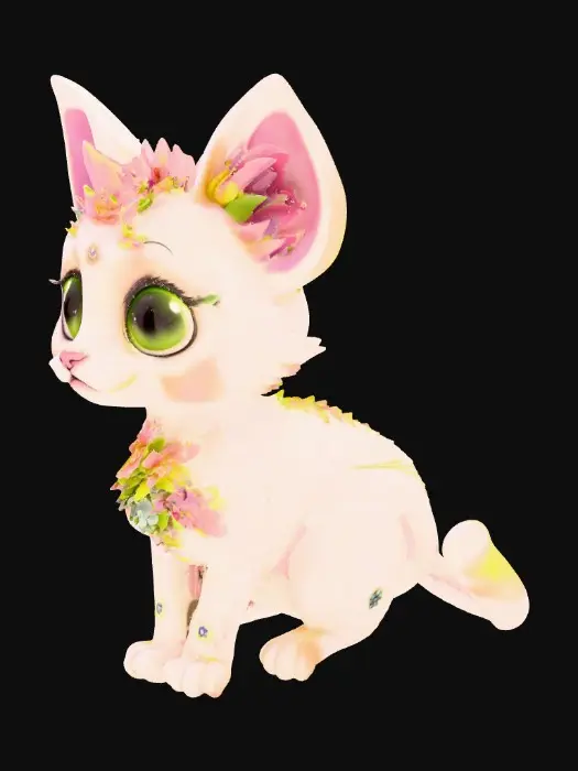 3D model for Create a stylized kitten with large, expressive eyes, surrounded by florals . The kitten is white with hints of lime green and mauve, adorned with flowers and jewels on its head and chest. Background is pure white 
