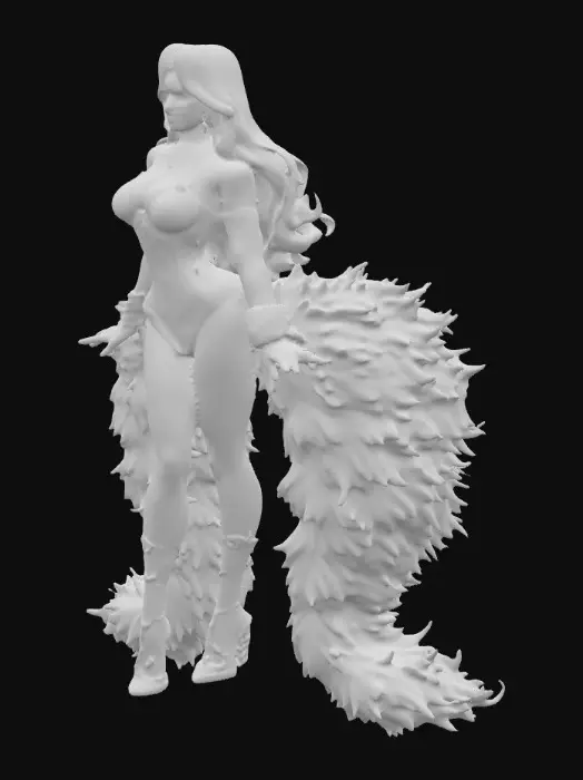 3D model for A beautiful show girl with perfect facial features long blonde hair,  she wears a costume of crystals and jewels with floor length fluffy purple boa. Strapped high heel jeweled shoes. Centered on a pure white background 