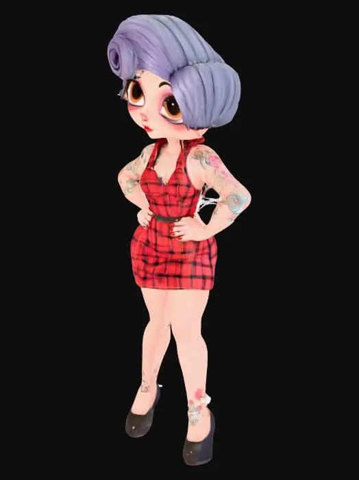 3D model for Full figured sassy pinup model. Perfect facial features. Long legs wearing high heeled shoes. Large eyes and full lips. Updo hair style. 