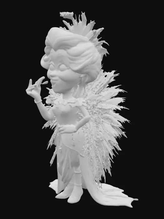 3D model for whimsical cartoon elderly grayheaded woman poses on a red carpet. She is blowing kisses to her admirers on her way to a costume party. she is wearing an elaborate fantasy peacock costume incorporated with feathers and jewels. The woman has an elongated neck and is tall and lanky. She has big expressive blue almond shaped eyes that sparkle mischievously. She has large jewels. purple/red lips