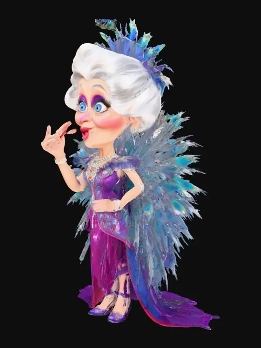 3D model for whimsical cartoon elderly grayheaded woman poses on a red carpet. She is blowing kisses to her admirers on her way to a costume party. she is wearing an elaborate fantasy peacock costume incorporated with feathers and jewels. The woman has an elongated neck and is tall and lanky. She has big expressive blue almond shaped eyes that sparkle mischievously. She has large jewels. purple/red lips