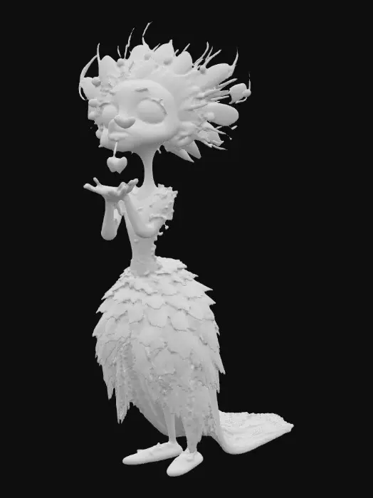 3D model for whimsical cartoon elderly grayheaded woman poses on a red carpet. She is blowing kisses to her admirers on her way to a costume party. she is wearing an elaborate fantasy peacock costume incorporated with feathers and jewels. The woman has an elongated neck and is tall and lanky. She has big expressive blue almond shaped eyes that sparkle mischievously. She has large jewels. purple/red lips