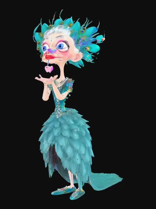 3D model for whimsical cartoon elderly grayheaded woman poses on a red carpet. She is blowing kisses to her admirers on her way to a costume party. she is wearing an elaborate fantasy peacock costume incorporated with feathers and jewels. The woman has an elongated neck and is tall and lanky. She has big expressive blue almond shaped eyes that sparkle mischievously. She has large jewels. purple/red lips