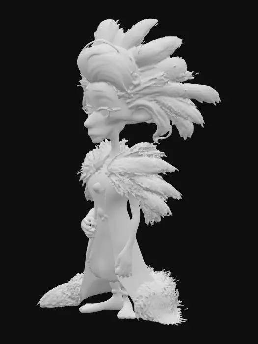 3D model for whimsical cartoon elderly grayheaded woman poses on a red carpet. She is blowing kisses to her admirers on her way to a costume party. she is wearing an elaborate fantasy peacock costume incorporated with feathers and jewels. The woman has an elongated neck and is tall and lanky. She has big expressive blue almond shaped eyes that sparkle mischievously. She has large jewels. purple/red lips