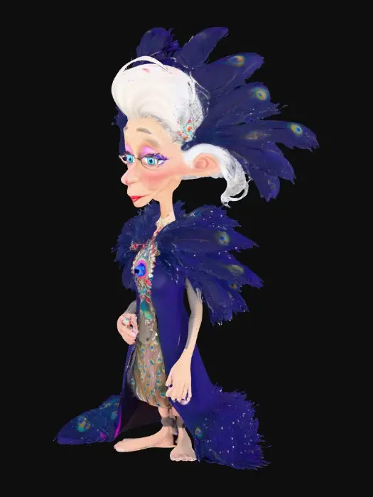 3D model for whimsical cartoon elderly grayheaded woman poses on a red carpet. She is blowing kisses to her admirers on her way to a costume party. she is wearing an elaborate fantasy peacock costume incorporated with feathers and jewels. The woman has an elongated neck and is tall and lanky. She has big expressive blue almond shaped eyes that sparkle mischievously. She has large jewels. purple/red lips