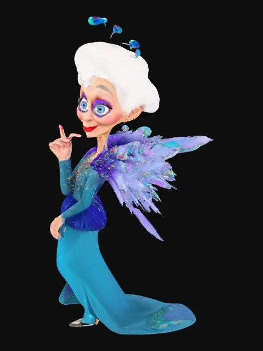 3D model for whimsical cartoon elderly grayheaded woman poses on a red carpet. She is blowing kisses to her admirers on her way to a costume party. she is wearing an elaborate fantasy peacock costume incorporated with feathers and jewels. The woman has an elongated neck and is tall and lanky. She has big expressive blue almond shaped eyes that sparkle mischievously. She has large jewels. purple/red lips