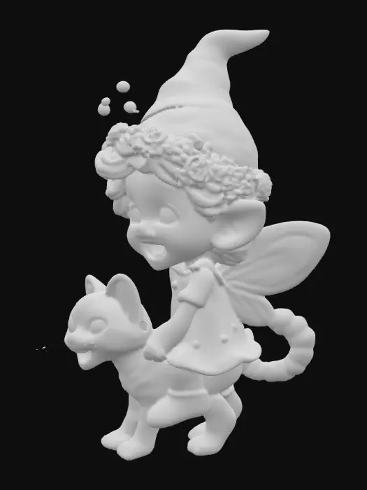 3D model for An adorable laughing cartoonish fairy gnome with large green eyes, freckles, and curly red hair is riding a orange tabby kitten with green eyes. the fairy has. perfect facial features with high definition. fairy wears flowered crown upon her head and a flowered dress with boots high attention to details., #PBR#