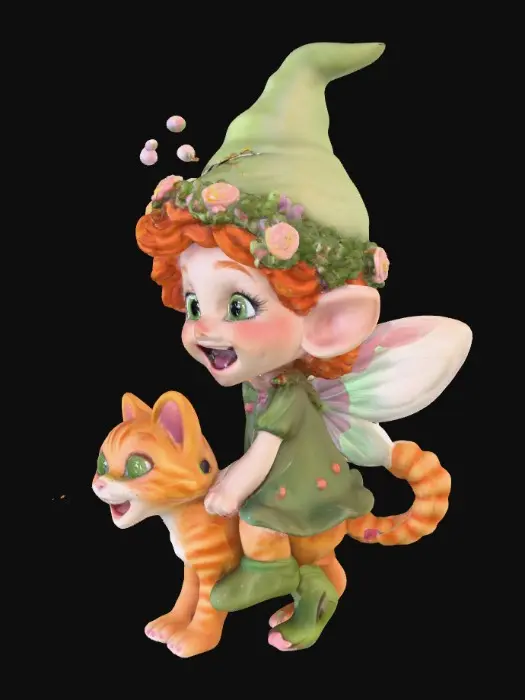 3D model for An adorable laughing cartoonish fairy gnome with large green eyes, freckles, and curly red hair is riding a orange tabby kitten with green eyes. the fairy has. perfect facial features with high definition. fairy wears flowered crown upon her head and a flowered dress with boots high attention to details., #PBR#