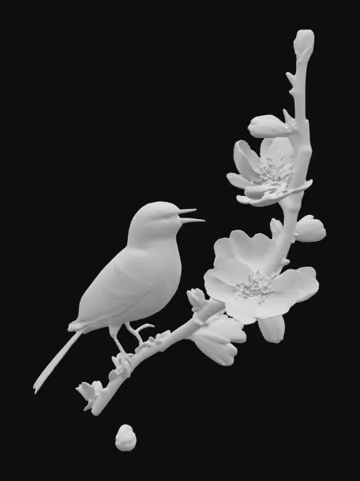 3D model for Hyper-realistic beautiful colorful song bird is chirping on a fully blossomed dogwood branch, high definition great detail to the feathers, the blossoms, and the variegated leaves of green #PBR#