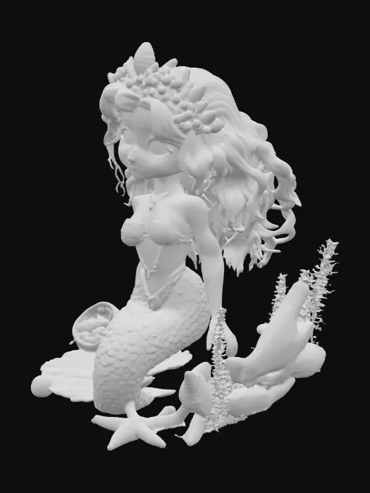 3D model for dazzling mermaid queen with an iridescencent well-defined with prominent 3d scales on her perfectly formed tail seated on a rock . The mermaid has long 3d curly red hued hair. She has perfect facial features with large violet eyes. On her head is a crown of shells, pearls, and jewels. The gorgeous mermaid is surrounded by seaweed, shells, & and starfish. Hyper-realistic rendering 
, #PBR#, #PBR#