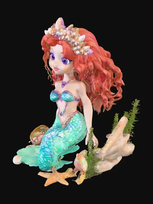3D model for dazzling mermaid queen with an iridescencent well-defined with prominent 3d scales on her perfectly formed tail seated on a rock . The mermaid has long 3d curly red hued hair. She has perfect facial features with large violet eyes. On her head is a crown of shells, pearls, and jewels. The gorgeous mermaid is surrounded by seaweed, shells, & and starfish. Hyper-realistic rendering 
, #PBR#, #PBR#