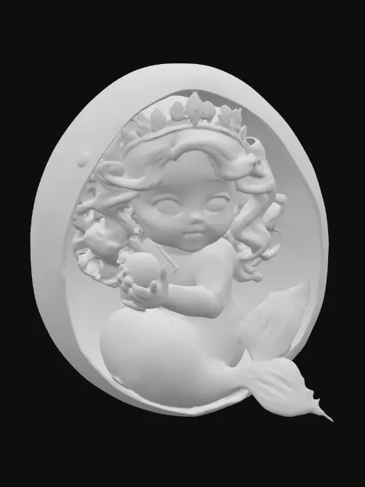 3D model for Inside of an oval egg shape sits An adorable baby mermaid holding a shiny pearl. She has curly red hair and large green eyes. She wears a crown of tiny seashells and pearls on her head. Hyper-realistic and with an ab color to her tail. 