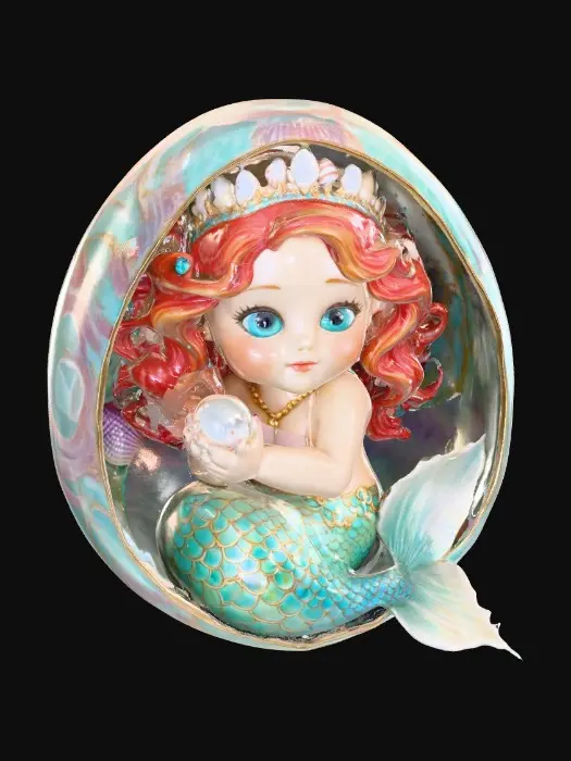 3D model for Inside of an oval egg shape sits An adorable baby mermaid holding a shiny pearl. She has curly red hair and large green eyes. She wears a crown of tiny seashells and pearls on her head. Hyper-realistic and with an ab color to her tail. 