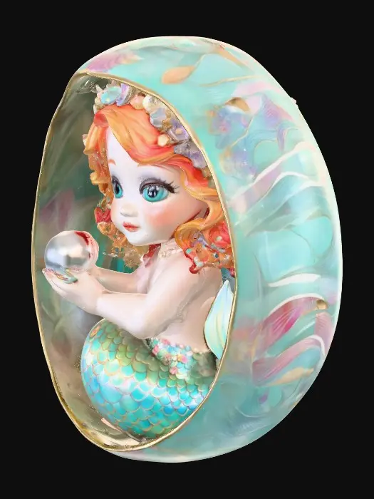 3D model for Inside of an oval egg shape sits An adorable baby mermaid holding a shiny pearl. She has curly red hair and large green eyes. She wears a crown of tiny seashells and pearls on her head. Hyper-realistic and with an ab color to her tail. 