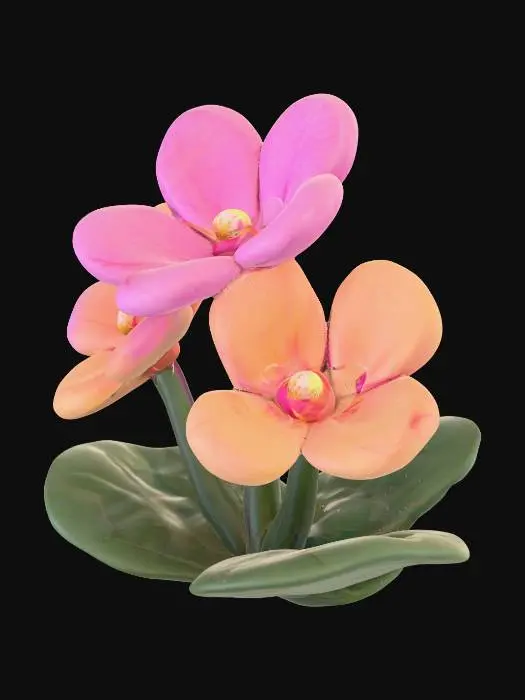 3D model for Small ground level trio of closely grouped five petal of magenta/pink/orange flowers with darkish ab green leaves 
#PBR# #PBR#, 