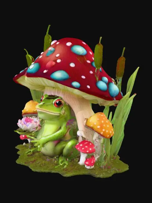 3D model for A well-defined fairy frog sits inside of a mushroom house holding a small open lotus flower with a ladybug sitting on the lotus flower petal.  Reeds and mushrooms surround the mushroom house.  3d stump embroidery style. use bright vivid colors 