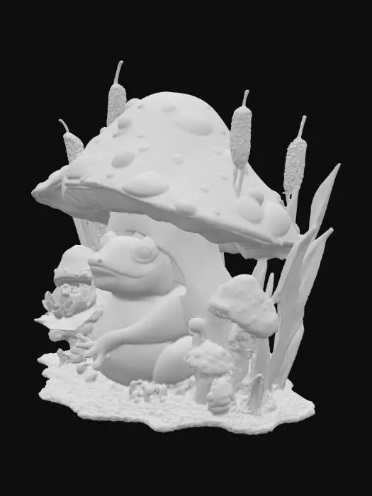 3D model for A well-defined fairy frog sits inside of a mushroom house holding a small open lotus flower with a ladybug sitting on the lotus flower petal.  Reeds and mushrooms surround the mushroom house.  3d stump embroidery style. use bright vivid colors 