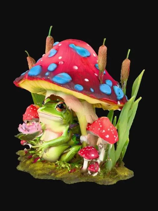 3D model for A well-defined fairy frog sits inside of a mushroom house holding a small open lotus flower with a ladybug sitting on the lotus flower petal.  Reeds and mushrooms surround the mushroom house.  3d stump embroidery style. use bright vivid colors 