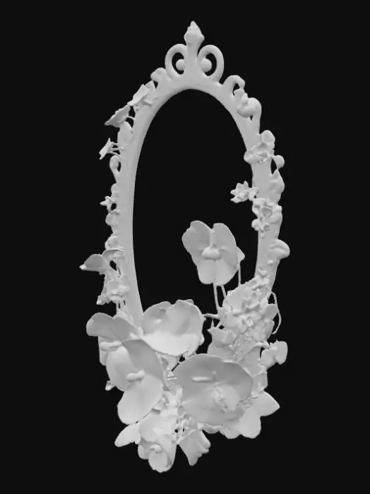 3D model for #PBR#, 3d colorful pansy flowers in purples, pinks, and blues are surrounded by an ornamental ivory and gold colored oval art nuevo style frame.  Add in some 3d forget-me-not flowers. paper cut style, #PBR#