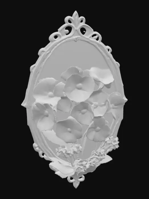 3D model for #PBR#, 3d colorful pansy flowers in purples, pinks, and blues are surrounded by an ornamental ivory and gold colored oval art nuevo style frame.  Add in some 3d forget-me-not flowers. paper cut style, #PBR#