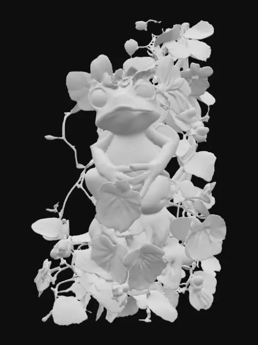 3D model for #PBR#, well-defined whimiscal frog fairy playing in a frame of pansy flowers, thick vines, and green ivy leaves. 3d clay sculpture styled digital art in bright purples, bright pinks, and vivid greens. on a white background and centered, #PBR#