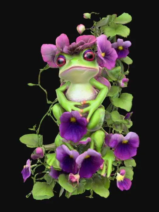 3D model for #PBR#, well-defined whimiscal frog fairy playing in a frame of pansy flowers, thick vines, and green ivy leaves. 3d clay sculpture styled digital art in bright purples, bright pinks, and vivid greens. on a white background and centered, #PBR#