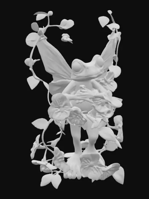 3D model for #PBR#, well-defined whimiscal frog fairy playing in a frame of pansy flowers, thick vines, and green ivy leaves. 3d clay sculpture styled digital art in bright purples, bright pinks, and vivid greens. on a white background and centered, #PBR#