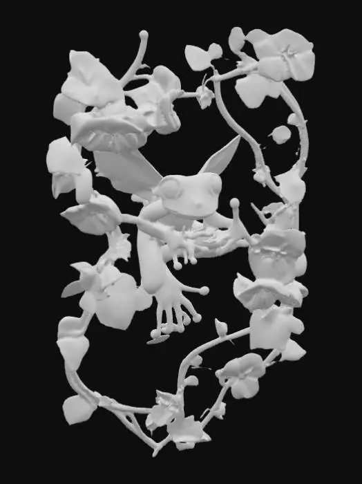 3D model for #PBR#, well-defined whimiscal frog fairy playing in a frame of pansy flowers, thick vines, and green ivy leaves. 3d clay sculpture styled digital art in bright purples, bright pinks, and vivid greens. on a white background and centered, #PBR#