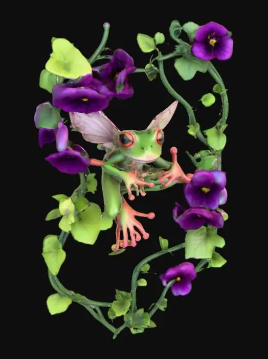 3D model for #PBR#, well-defined whimiscal frog fairy playing in a frame of pansy flowers, thick vines, and green ivy leaves. 3d clay sculpture styled digital art in bright purples, bright pinks, and vivid greens. on a white background and centered, #PBR#