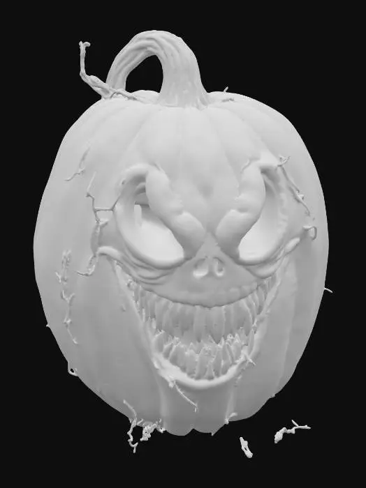3D model for #PBR#, Create a detailed 3D menacing Halloween pumpkin. The pumpkin should have a large, twisted grin carved into its face, with jagged, uneven edges. Its hollow eyes should glow with an eerie, dim orange light, casting ominous shadows around it. The pumpkin’s surface should have a rough, aged texture, with deep wrinkles and cracks that reveal the hollow insides. Dark, curling vines should extend from the stem, adding to the gnarled appearance. The overall look should be dark and foreboding, as if the pumpkin has been sitting forgotten in a haunted pumpkin patch for years. Add subtle  shadows around the base for extra atmosphere., #PBR#