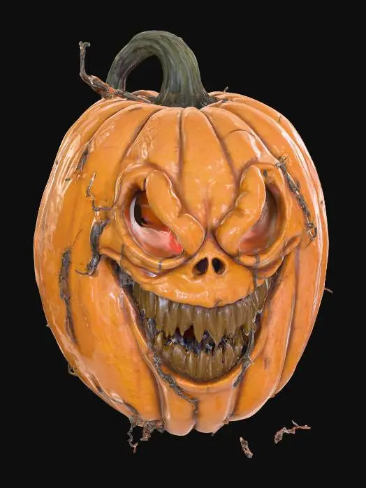 3D model for #PBR#, Create a detailed 3D menacing Halloween pumpkin. The pumpkin should have a large, twisted grin carved into its face, with jagged, uneven edges. Its hollow eyes should glow with an eerie, dim orange light, casting ominous shadows around it. The pumpkin’s surface should have a rough, aged texture, with deep wrinkles and cracks that reveal the hollow insides. Dark, curling vines should extend from the stem, adding to the gnarled appearance. The overall look should be dark and foreboding, as if the pumpkin has been sitting forgotten in a haunted pumpkin patch for years. Add subtle  shadows around the base for extra atmosphere., #PBR#