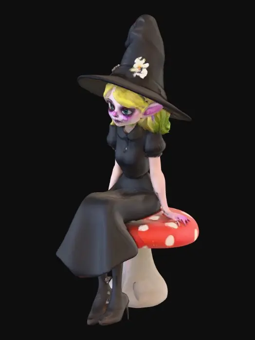3D model for #PBR#, An evil creepy Alice with clear facial features sits on a mushroom chair with a hookah.  Alice has perfectly shaped hands and fingers. Alice wears a dark top hat with tiny flowers around the brim. Tiny flowers and tuffs of grass surround the mushroom at ground level. Beautiful bright bold vivid colors  cartoonish realism highly detailed #PBR#