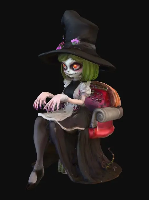 3D model for #PBR#, An evil creepy Alice with clear facial features sits on a mushroom chair with a hookah.  Alice has perfectly shaped hands and fingers. Alice wears a dark top hat with tiny flowers around the brim. Tiny flowers and tuffs of grass surround the mushroom at ground level. Beautiful bright bold vivid colors  cartoonish realism highly detailed #PBR#