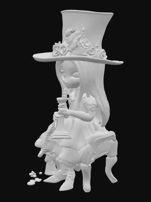 3D model for #PBR#, An evil creepy Alice with clear facial features sits on a mushroom chair with a hookah.  Alice has perfectly shaped hands and fingers. Alice wears a dark top hat with tiny flowers around the brim. Tiny flowers and tuffs of grass surround the mushroom at ground level. Beautiful bright bold vivid colors  cartoonish realism highly detailed #PBR#
