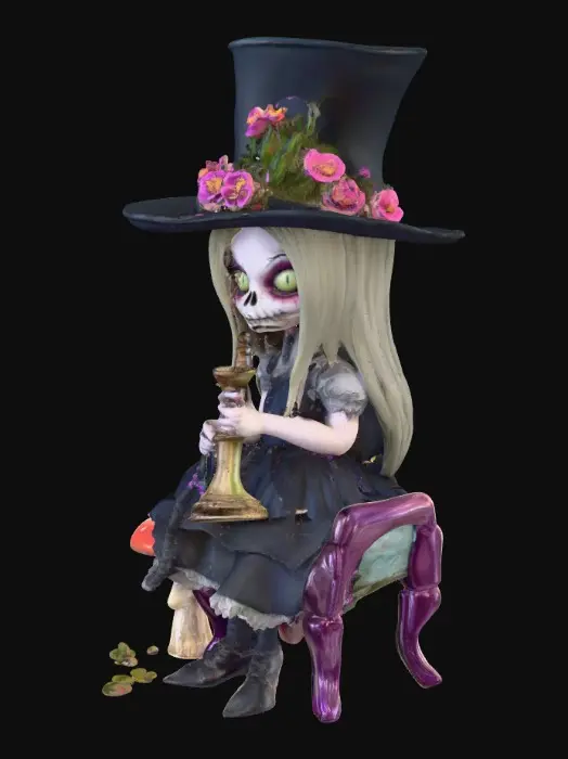 3D model for #PBR#, An evil creepy Alice with clear facial features sits on a mushroom chair with a hookah.  Alice has perfectly shaped hands and fingers. Alice wears a dark top hat with tiny flowers around the brim. Tiny flowers and tuffs of grass surround the mushroom at ground level. Beautiful bright bold vivid colors  cartoonish realism highly detailed #PBR#
