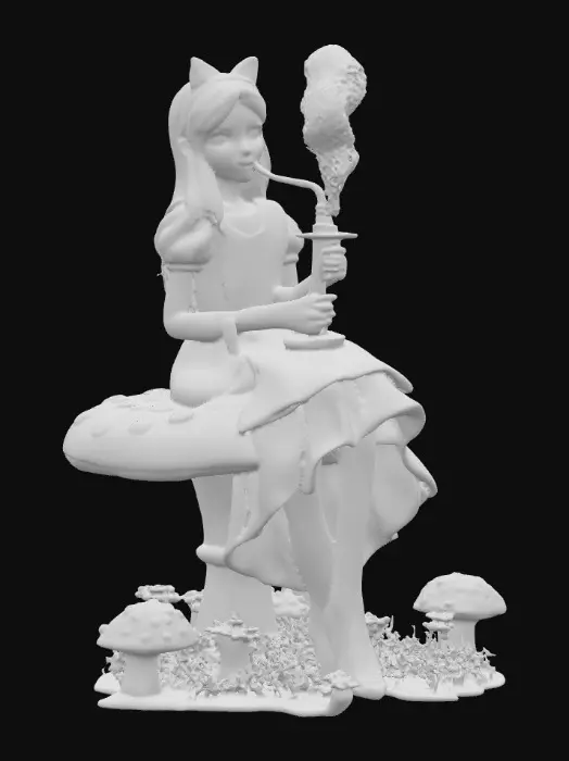 3D model for #PBR#, A creepy but beautiful , Alice sits on a mushroom smoking a hookah.  Talking flowers surround the mushroom at ground level. Beautiful bold vivid colors , #PBR#