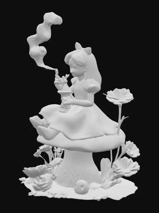 3D model for #PBR#, A creepy but beautiful , Alice sits on a mushroom smoking a hookah.  Talking flowers surround the mushroom at ground level. Beautiful bold vivid colors , #PBR#