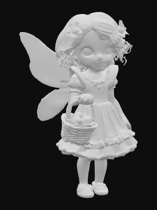 3D model for in a whimiscal 3d flower garden stands a fragile looking fairy girl. Her porcelain skin is sprinkled with freckles. Her big blue eyes sparkle with curiosity. her hair is a cascade of fire red curls. she is wearing a sky-blue/lavender colored dress that is adorned with lace and ruffles. her white slippers peek out beneath the hem of dress.  she is holding a basket of colorful eggs. She stands in the center of the canvas. , #PBR#