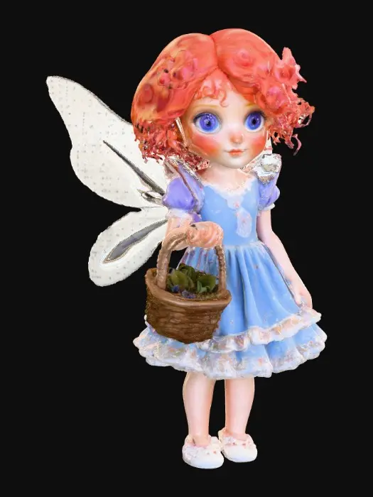 3D model for in a whimiscal 3d flower garden stands a fragile looking fairy girl. Her porcelain skin is sprinkled with freckles. Her big blue eyes sparkle with curiosity. her hair is a cascade of fire red curls. she is wearing a sky-blue/lavender colored dress that is adorned with lace and ruffles. her white slippers peek out beneath the hem of dress.  she is holding a basket of colorful eggs. She stands in the center of the canvas. , #PBR#
