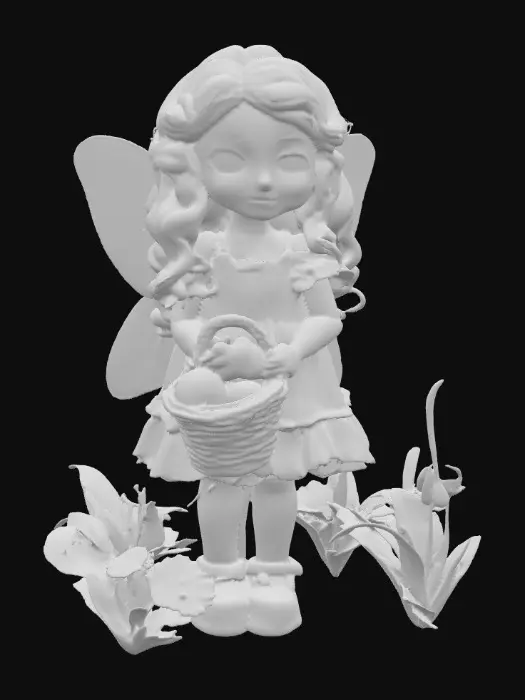 3D model for in a whimiscal 3d flower garden stands a fragile looking fairy girl. Her porcelain skin is sprinkled with freckles. Her big blue eyes sparkle with curiosity. her hair is a cascade of fire red curls. she is wearing a sky-blue/lavender colored dress that is adorned with lace and ruffles. her white slippers peek out beneath the hem of dress.  she is holding a basket of colorful eggs. She stands in the center of the canvas. , #PBR#