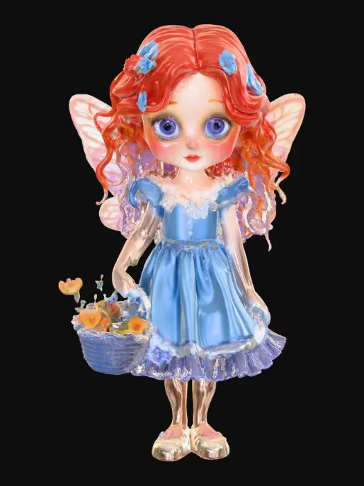 3D model for in a whimiscal 3d flower garden stands a fragile looking fairy girl. Her porcelain skin is sprinkled with freckles. Her big blue eyes sparkle with curiosity. her hair is a cascade of fire red curls. she is wearing a sky-blue/lavender colored dress that is adorned with lace and ruffles. her white slippers peek out beneath the hem of dress.  she is holding a basket of colorful eggs. She stands in the center of the canvas. , #PBR#