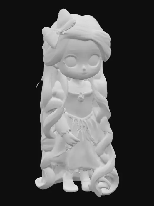 3D model for Generate a cute and childlike 3D Rapunzel digital 3d art , large green eyes, #PBR#, incorporating elements of fantasy, adventure or romantic. digital art. high resolution. smooth and curved lines. bright and saturated colors. Purples, pinks, greens, gold , #PBR#