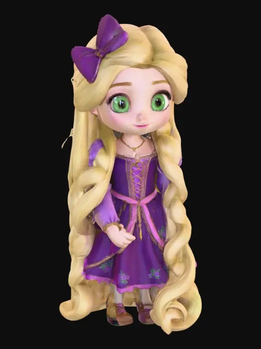 3D model for Generate a cute and childlike 3D Rapunzel digital 3d art , large green eyes, #PBR#, incorporating elements of fantasy, adventure or romantic. digital art. high resolution. smooth and curved lines. bright and saturated colors. Purples, pinks, greens, gold , #PBR#